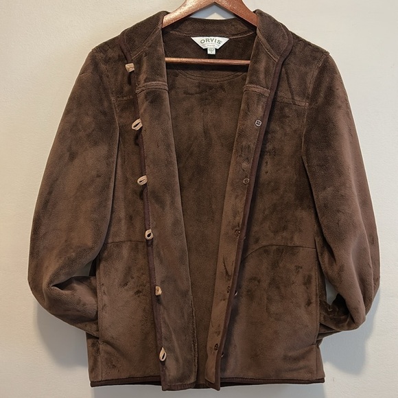 Orvis Brown Fleece Jacket S | Button Front Elbow Patch Soft Cozy Outdoor Coat - Picture 5 of 5